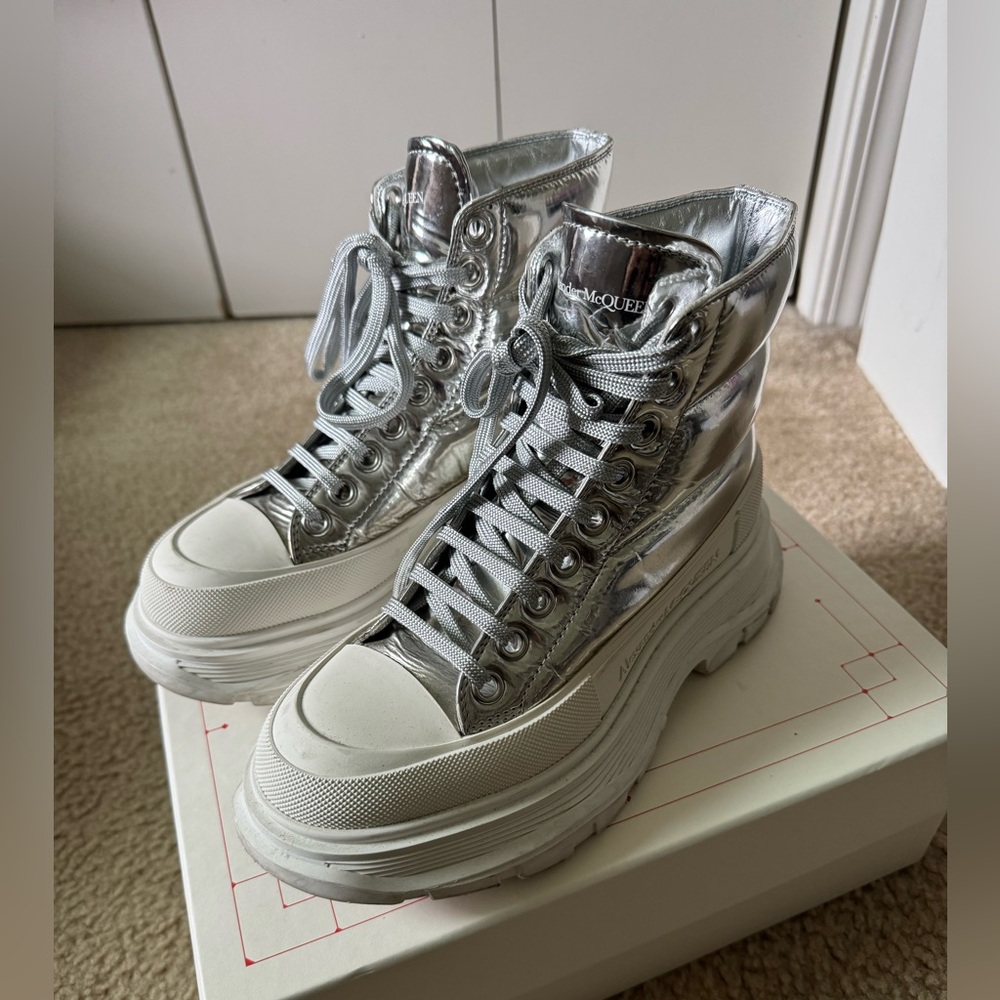Alexander McQueen Silver White Ankle Boots
